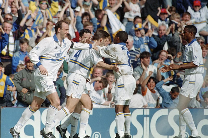In the 90th minute, David White is congratulated by teammates after scoring the Whites’ third goal to seal victory over Everton at Elland Road in April 1994.