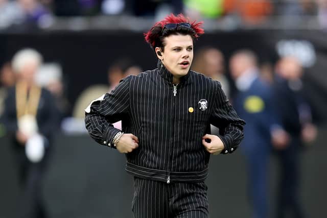  Musician Yungblud performs at half time during the NFL match between Minnesota Vikings and New Orleans Saints at Tottenham Hotspur Stadium on October 02, 2022 in London, England. (Photo by Catherine Ivill/Getty Images)