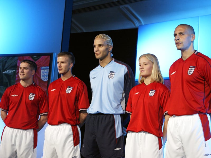 Rio Ferdinand modelling the new Umbro England away kit in London, February 2002.