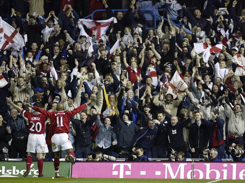 Robbie Fowler celebrates opening the scoring in a World Cup warm up game between England and Italy at Elland Road in March 2002.