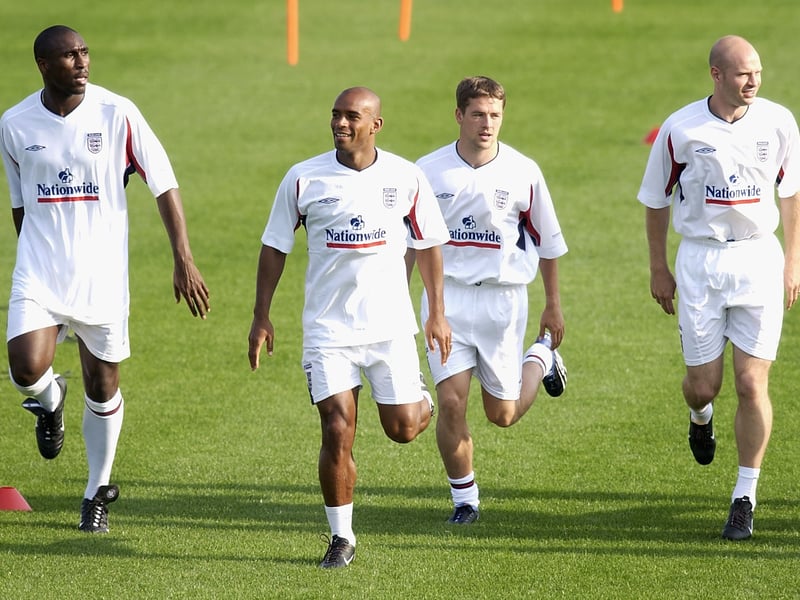 Danny Mills warms up with Sol Campbell, Trevor Sinclair and Michael Owen at an open training session in Jeju, Korea before England’s opener against Sweden.