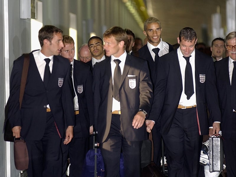 Nigel Martyn arrives at Kansai International Airport in Osaka, Japan alongside Teddy Sheringham and current England manager Gareth Southgate ahead of the tournament.