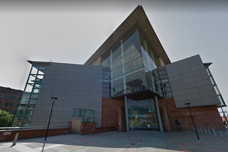The Bridgewater Hall, built in the 1990s, is a concert hall that is home to Manchester’s Halle orchestra and choirs.  Credit: Google Street View