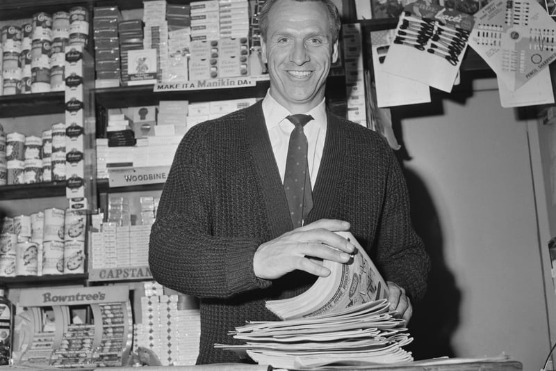 Stan Lynn (1928 - 2002) of Birmingham City working at his newsagent’s shop, UK, 16th February 1965. (Photo by R. Viner/Daily Express/Hulton Archive/Getty Images)