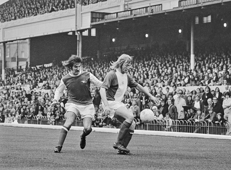Footballers Brian Chambers (left) of Arsenal and Kenny Burns of Birmingham City during a League Division One match at Highbury Stadium in London, UK, 6th October 1973. The score was 1-0 to Arsenal.  