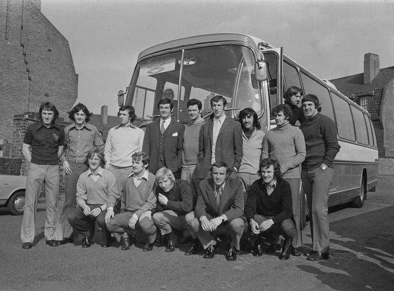 The Birmingham City football team pose together in front of their team coach prior to travelling to an away match in April 1972. (Photo by R. Viner/Daily Express/Hulton Archive/Getty Images)