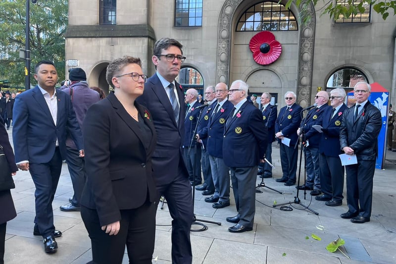 Greater Manchester Mayor Andy Burnham and Council Leader Bev Craig arrive at the Manchester War Memorial on St. Peter’s Square for the Remembrance Sunday service 2022. Credit: Manchester World 