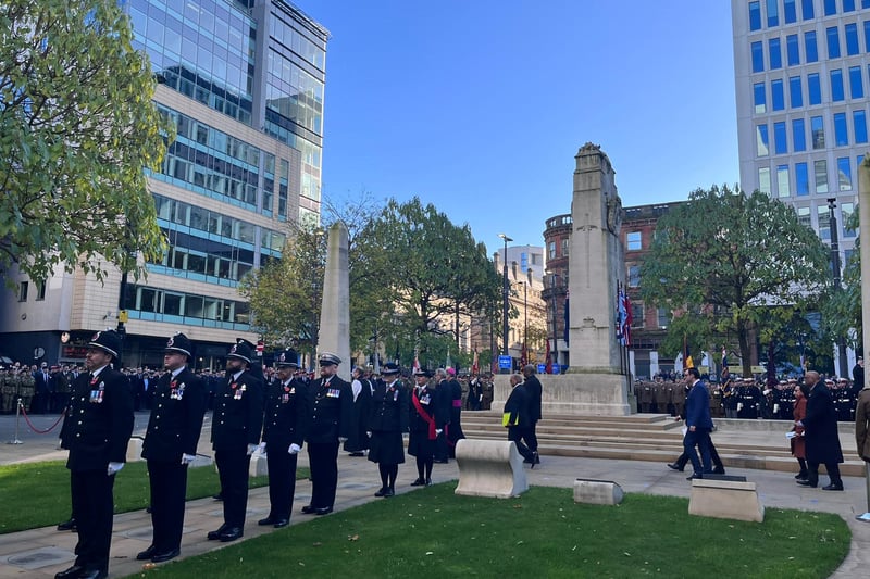 Local dignitaries assemble at the War Memorial on St. Peter’s Square for the Remembrance Sunday service 2022. Credit: Manchester World 
