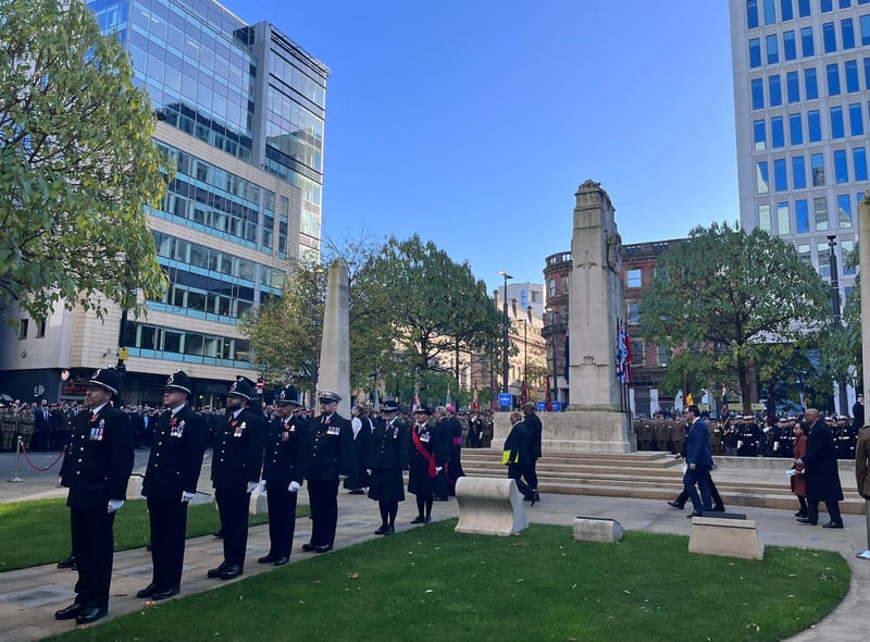 Local dignitaries assemble at the War Memorial on St. Peter’s Square for the Remembrance Sunday service 2022. Credit: Manchester World 