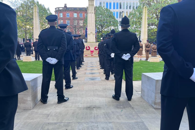 Police officers at the War Memorial for the Remembrance Sunday service in Manchester. Credit: Manchester World 