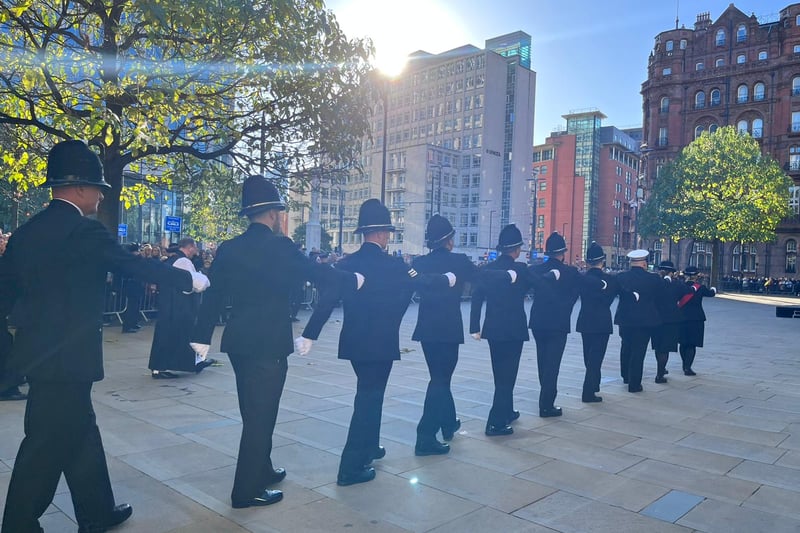 Police march from the War Memorial on St. Peter’s Square to Central Library on Remembrance Sunday 2022. Credit: Manchester World