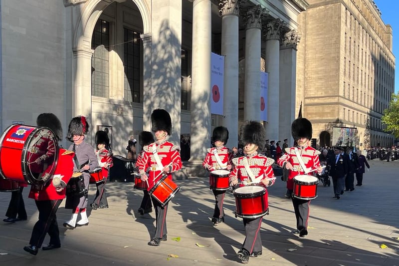 Scots Guard drummers march passed local dignitaries following the Remembrance Sunday service at the War Memorial. Credit: Manchester World