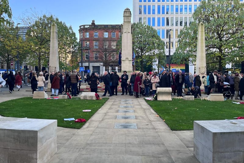 Members of the public gather at the War Memorial on St. Peter’s Square or Remembrance Sunday 2022. Credit: Manchester World