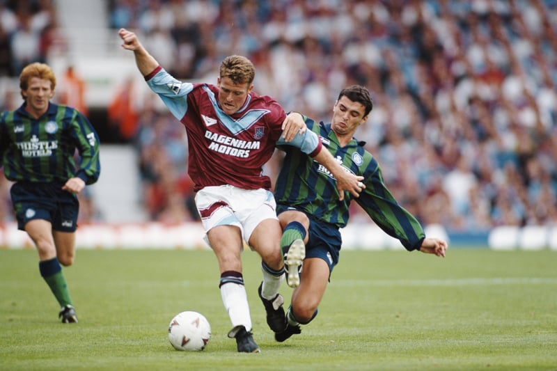 Gary Speed fights West Ham’s Peter Butler for the ball as the Whites are held to a goalless draw at Upton Park on the opening day of the season.