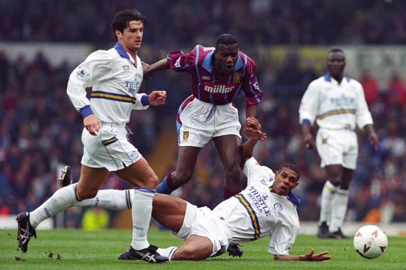 Gary Speed moves to collect the ball after Carlton Palmer is dispossessed. Palmer scored the only goal as United beat Aston Villa 1-0 at Elland Road as part of a nine-game unbeaten run with which the Whites finished the 1994/1995 season. 