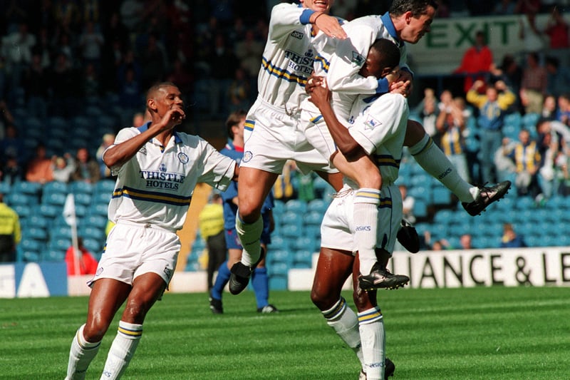 The Whites celebrate at Elland Road, where they raced into a 2-0 lead against Chelsea only to hand the Blues all three points with a 3-2 defeat in August 1994.