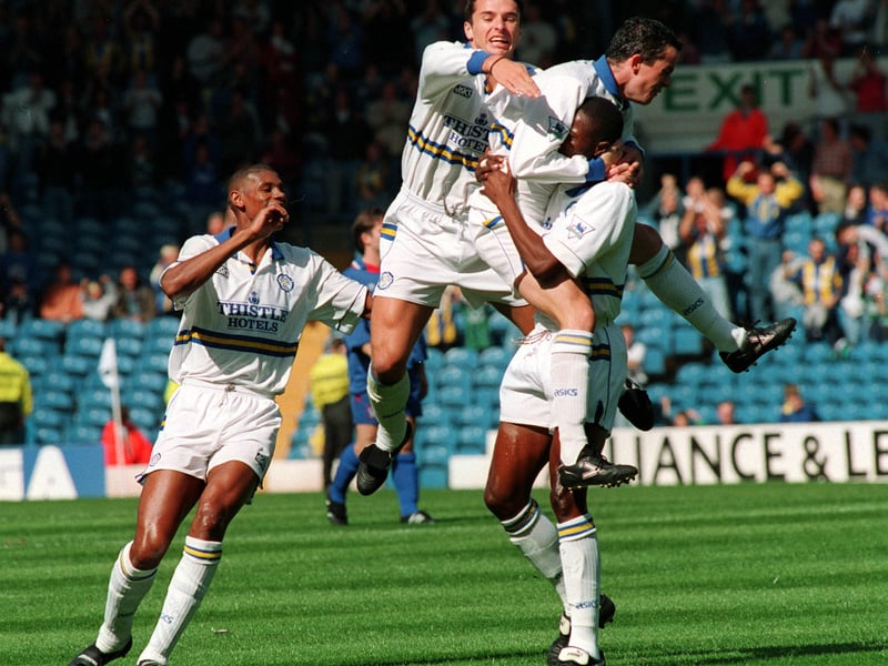 The Whites celebrate at Elland Road, where they raced into a 2-0 lead against Chelsea only to hand the Blues all three points with a 3-2 defeat in August 1994.