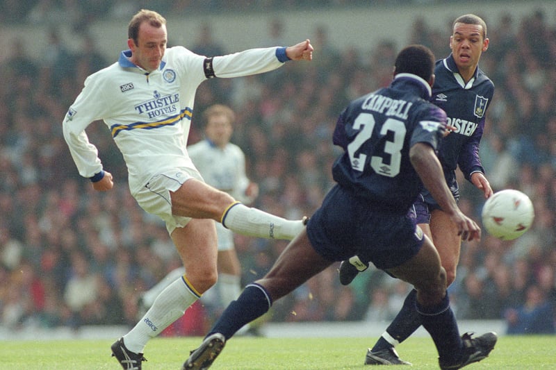 United skipper Gary McAllister takes a shot during Leeds’ 1-1 Premiership draw with Tottenham Hotspur at Elland Road in October 1994.