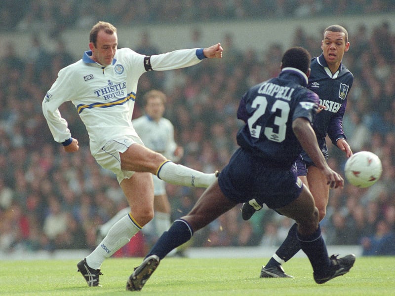 United skipper Gary McAllister takes a shot during Leeds’ 1-1 Premiership draw with Tottenham Hotspur at Elland Road in October 1994.