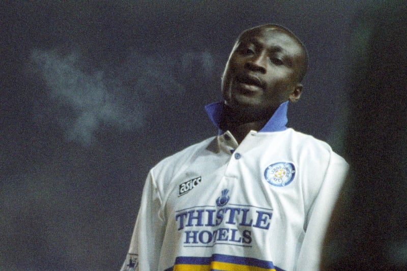 Tony Yeboah on his Leeds United debut v QPR in January 1995. The Whites won 4-0 but the Ghanian waited four games for his first Premier League goal after signing from Eintracht Frankfurt for £3.4m.