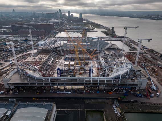 A general aerial view of the construction of Everton’s new Bramley-Moore Dock stadium. Picture: Christopher Furlong/Getty Images