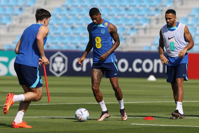 Marcus Rashford (c) alongside Harry Maguire (l) and Callum Wilson (r) during the England Training |session at Al Wakrah Stadium on November 17, 2022 in Doha, Qatar. (Photo by Michael Steele/Getty Images)