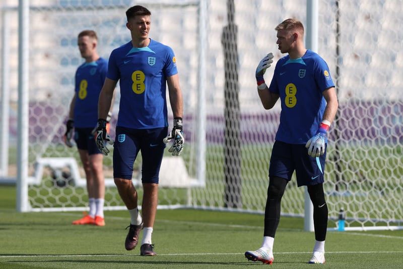 England goalkeepers Aaron Ramsdale (r), Nick Pope (c) and Jordan Pickford (l) during the England Training Session at Al Wakrah Stadium on November 18, 2022 in Doha, Qatar. (Photo by Michael Steele/Getty Images)