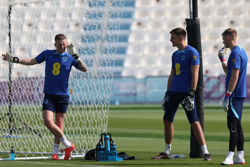 England goalkeepers Aaron Ramsdale (r), Nick Pope (c) and Jordan Pickford (l) during the England Training Session at Al Wakrah Stadium on November 18, 2022 in Doha, Qatar. (Photo by Michael Steele/Getty Images)