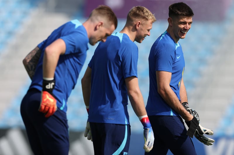 England goalkeepers Nick Pope (r), Aaron Ramsdale (c) and Jordan Pickford (l) during the England Training Session at Al Wakrah Stadium on November 18, 2022 in Doha, Qatar. (Photo by Michael Steele/Getty Images)