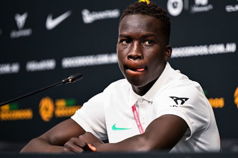 Australia's Garang Kuol attends a press conference at the Aspire Academy in Doha on November 18, 2022, ahead of the Qatar 2022 World Cup football tournament. (Photo by Chandan KHANNA / AFP) (Photo by CHANDAN KHANNA/AFP via Getty Images)