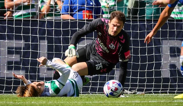 Asmir Begovic makes a save during Everton’s friendly against Celtic. Picture: DAVID GRAY/AFP via Getty Images