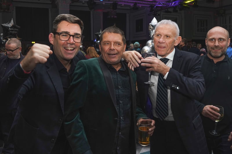 Greater Manchester Mayor Andy Burnham, Mani and football manager Peter Reid. Photo: Paul Husband