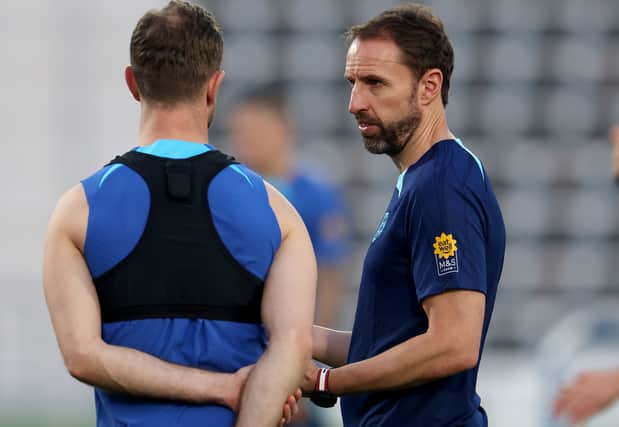 England manager Gareth Southgate speaks to Jordan Henderson. Picture: Lars Baron/Getty Images