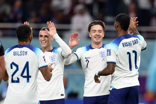 Jack Grealish of England celebrates with teammates after scoring their team’s sixth goal (Getty Images)