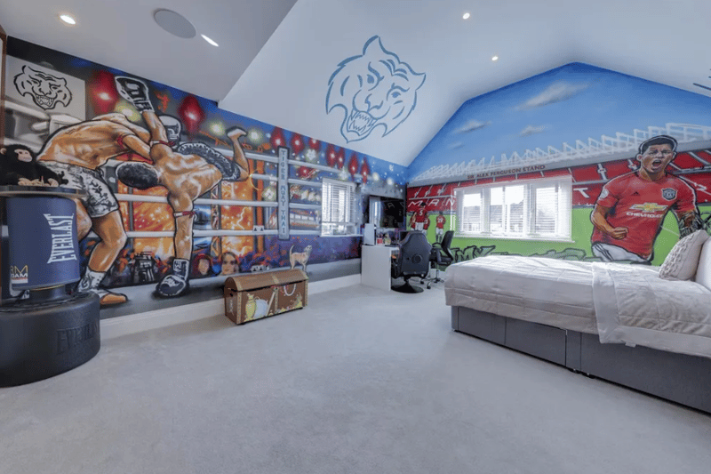 A sport-themed bedroom inside the Woodhouses property.