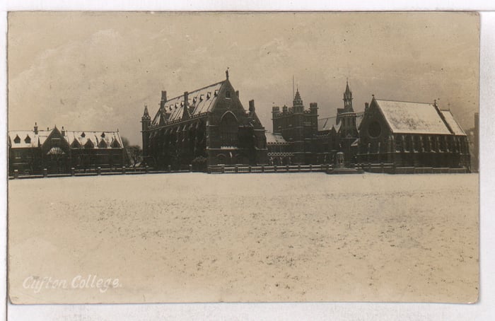 A post card captures a snow scene at Clifton College in 1909. The card was sent by college student Ronald Rubinstein to his parents in Kensington, London. Mr Rubinstein would go on to become a captain in the 5th Battalion Gloucestershire Regiment during the second world war, fighting in France and Italy before being captured and becoming a prisoner of war.
