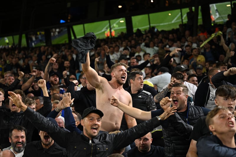 Leeds fans celebrate their goal during the English Premier League football match between Leeds United and Everton at Elland Road in Leeds, northern England on August 30, 2022.