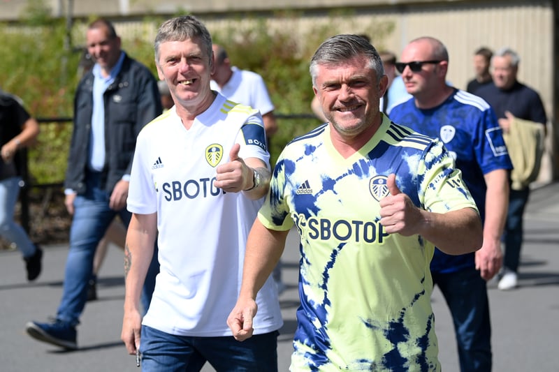 Fans of Leeds United react as they arrive prior to kick off of the Premier League match between Leeds United and Chelsea FC at Elland Road on August 21, 2022. 