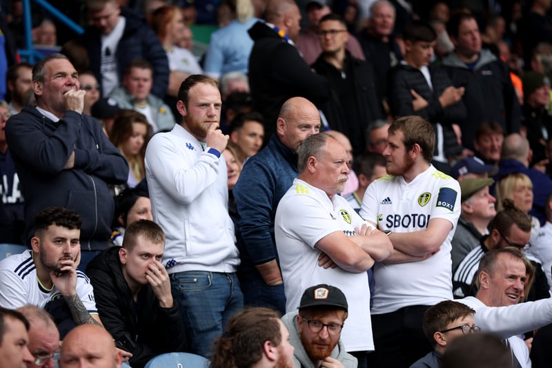 Leeds United fans look on as kick off is delayed due to a technical issue during the Premier League match between Leeds United and Arsenal FC at Elland Road on October 16, 2022.