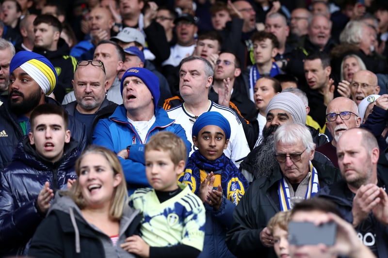 Leeds United fans show their support prior to the Premier League match between Leeds United and Fulham FC at Elland Road on October 23, 2022 .