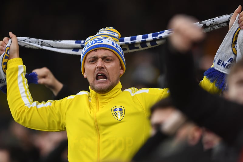 A Leeds United fan shows their support during the Premier League match between Leeds United and AFC Bournemouth at Elland Road on November 05, 2022.