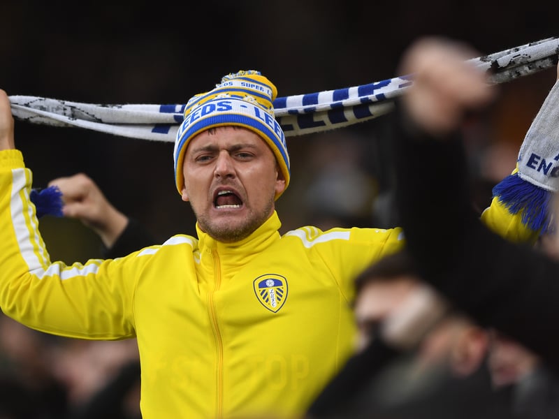 A Leeds United fan shows their support during the Premier League match between Leeds United and AFC Bournemouth at Elland Road on November 05, 2022.