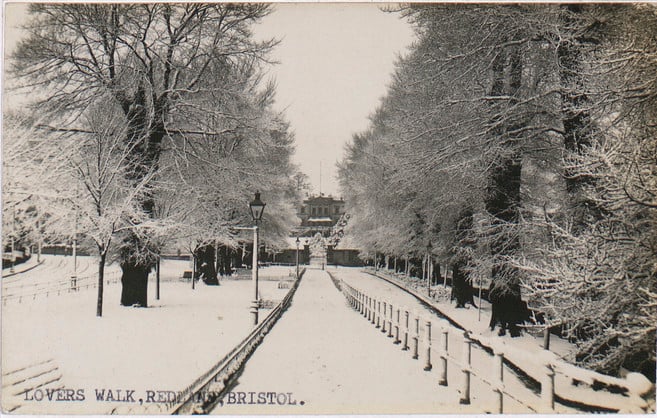 Although this post card is labelled Lovers Walk, it actually shows Grove Park, in 1908, an extension of Lovers Walk leading to Redland Court, home of Redland School for Girls.