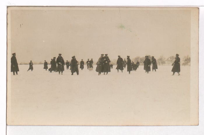 Again, no date or further information is given on this post card but it depicts soldiers enjoying a snowball fight on the Downs.