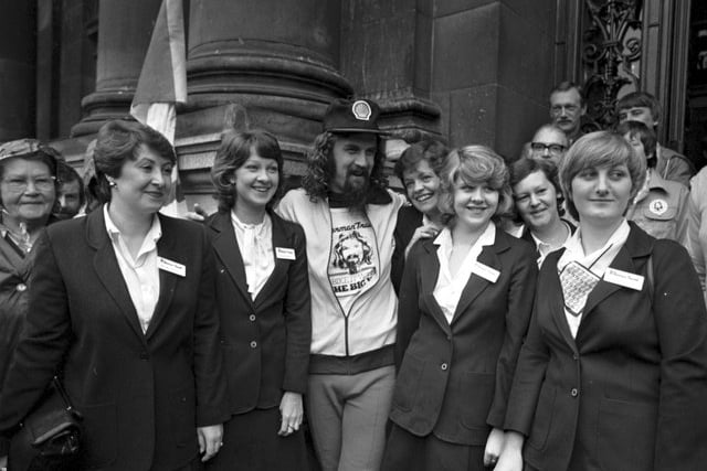Scottish entertainer Billy Connolly leaves Glasgow on a sponsored cycle ride to Inverness in August 1980. 