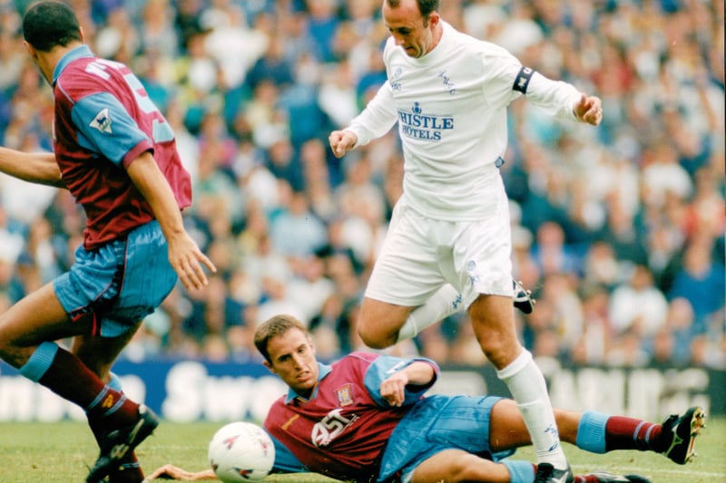 Gareth Southgate challenges Whites skipper Gary McAllister as United claim their third successive win at Elland Road in August 1995.