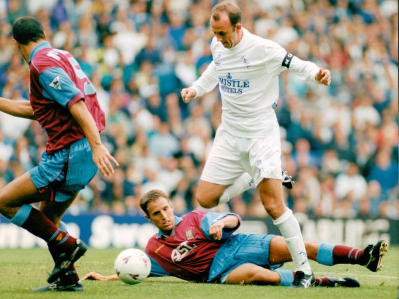 Gareth Southgate challenges Whites skipper Gary McAllister as United claim their third successive win at Elland Road in August 1995.