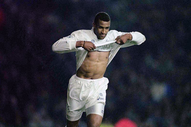 Brian Deane celebrates scoring the only goal as United beat Southampton 1-0 at Elland Road in April 1996. The former Sheffield United player scored one goal in every five appearances in the 95/96 season.