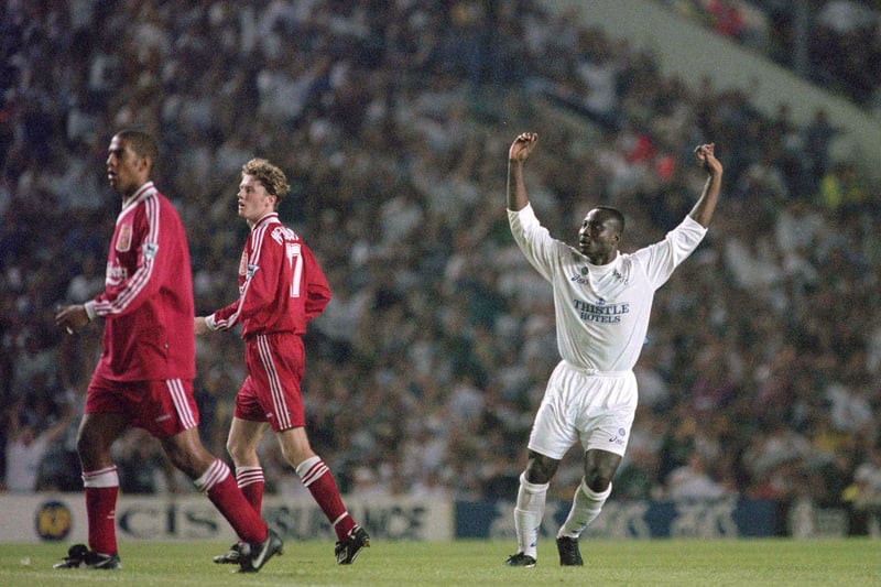 Tony Yeboah celebrates one of the finest goals ever to be scored in a Leeds United shirt, finishing off a beautiful team move with a first-time volley which crashed in off the bar against Liverpool