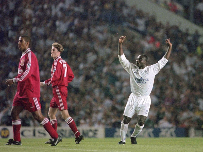 Tony Yeboah celebrates one of the finest goals ever to be scored in a Leeds United shirt, finishing off a beautiful team move with a first-time volley which crashed in off the bar against Liverpool